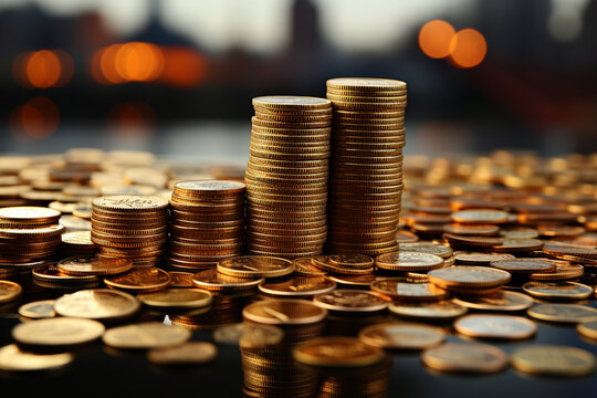 City and rows of coins unite, signifying teamwork in finance Generative AI