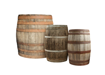 Obraz premium Many different wooden barrels on white background