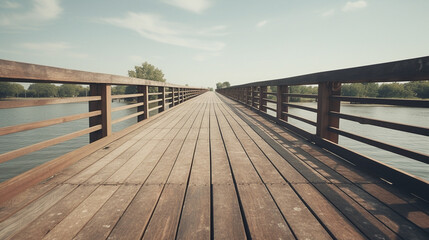Old vintage wooden bridge on the lake, in spring, tropical, quiet river. Generative AI.