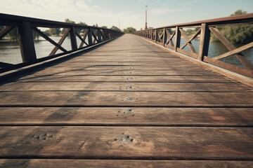 Fototapeta premium Old vintage wooden bridge on the lake, in spring, tropical, quiet river. Generative AI.