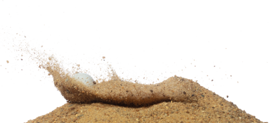 Golf ball explode from sand bunker. Golfer hit ball with club to sand explosion to green. Golf club hit ball in sand bunker explosion. White background isolated freeze motion