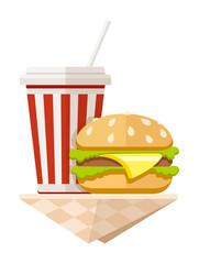 Hamburger and soda in paper cups flat icons set. PNG Illustration