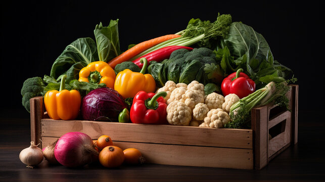 a wooden box full of fresh raw vegetables. healthy food photography. close-up. product photo for restaurant. generative ai