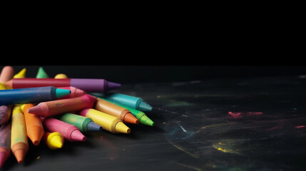 Obraz premium Colorful crayons laying on the blackboard. Back to school concept. generative ai