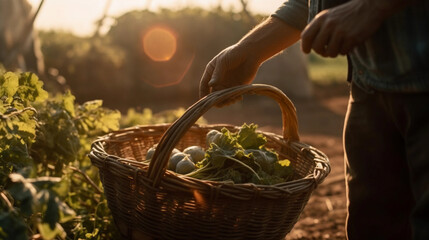 farmers hands hold basket of harvested vegetables. healthy food photography. close-up. product photo for restaurant. generative ai