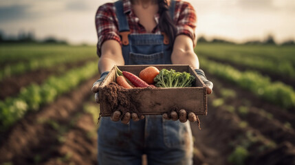 Fototapeta premium Female Farmer holding loose soil in the hands in field. healthy food photography. close-up. product photo for restaurant. generative ai