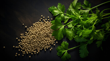 fresh cut Coriander seeds on dark rough stone table. healthy food photography. close-up. product photo for restaurant. generative ai