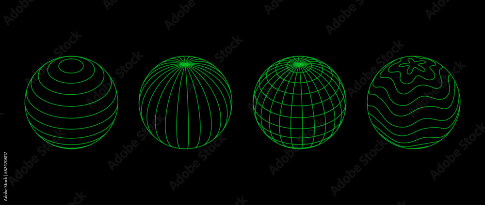 Poster Neon green wireframe spheres collection. 3d outline globes with different grid patterns. Geometric circle elements for design template, icon, logo. Abstract balls with connected lattice lines. Vector