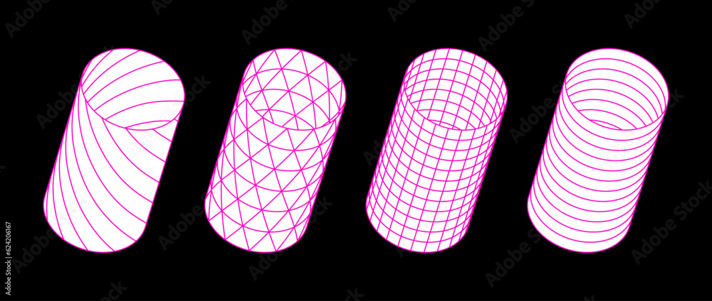 Poster Collection of cylinder with different patterns. Striped and checkered 3d tubes set. White and pink geometric elements for design templates, icons, logo. Abstract vector tunnels pack