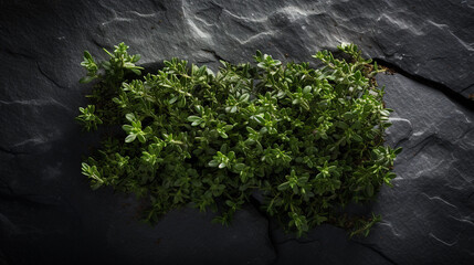fresh cut thyme on dark rough stone table. healthy food photography. close-up. product photo for restaurant. generative ai - obrazy, fototapety, plakaty