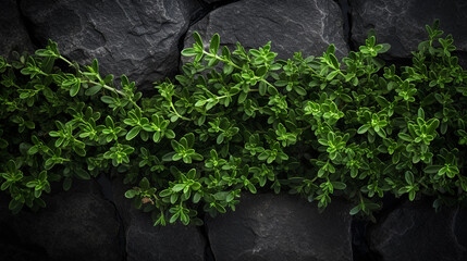 fresh cut thyme on dark rough stone table. healthy food photography. close-up. product photo for restaurant. generative ai