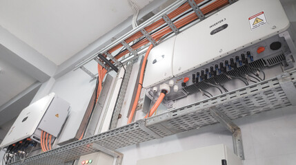 Solar panel control system, photovoltaic control, alternative electricity source concept of solar energy future.Instalation inverter solar panel in indusutry.
