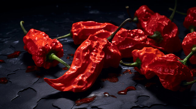 carolina reaper chilis on dark rough stone table . healthy food photography. close-up. product photo for restaurant.