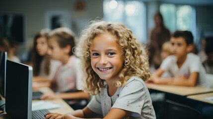 basic programming class for kids in a coding classroom, joyfully engaged children in class. generative AI