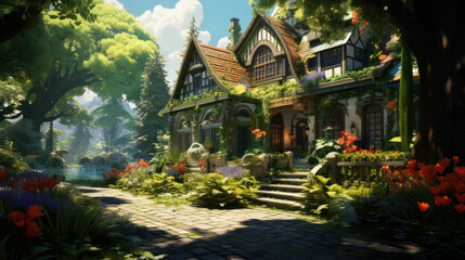 Fototapeta premium cozy house in summer with lots of green trees and plants growing around it. creative illustration. Generative AI