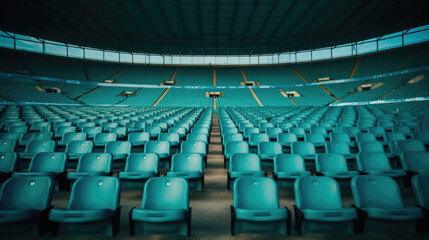 Fototapeta premium empty turquoise seats in a large sports stadium. Generative AI