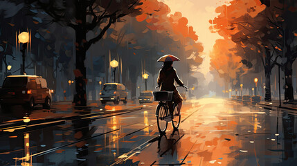 creative illustration of a young woman on a bicycle in rainy weather. orange colors like in autumn. Generative AI