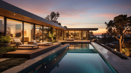 Obraz premium A beautiful, expensive, luxury villa with a large outdoor pool in the evening at sunset. Generative AI