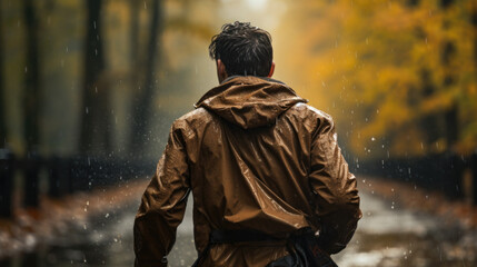 back view of a man with a yellow-brown rain jacket in the rain in the forest in the nature in autumn. Generative AI