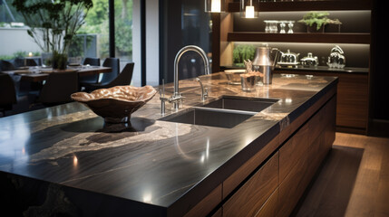 Fototapeta premium modern luxury kitchen. a faucet and sink with a dark countertop. Generative AI