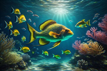 Underwater landscape with fish, Generative AI