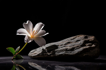 Stone product display podium with nature flower on black background