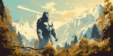Bigfoot portrait pop art poster. Generative AI