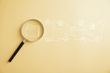 A magnifying glass with a correct sign, examining a document for quality assurance and ISO guarantee. Concept of meticulous work and document management in the digital era.