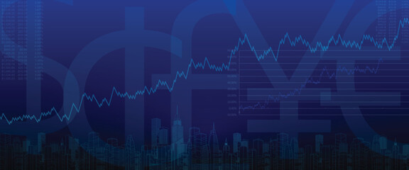 Digital financial illustration global connection, data transmission, currency symbol, finance, stock trading, investment, dark blue background, vector