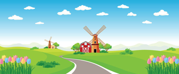 Road scenery house and windmill front view of tulips, meadows, trees and mountains. clear sky. Beautiful nature. Vector illustration.