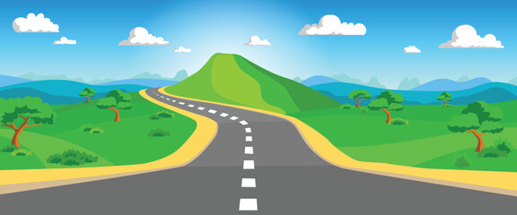 Road scenery surrounded by meadows, trees and mountains. clear sky. beautiful nature. vector illustration.