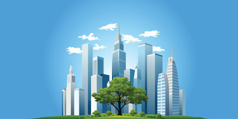 Scenery of towering skyscrapers In front there are big trees and lawns. clear sky. present era must preserve nature.vector illustration.