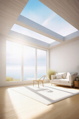 Luxury attic bedroom with panoramic windows. Minimalist design, ocean view