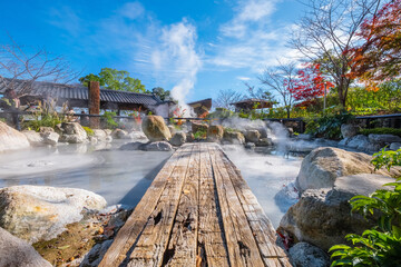 Beppu, Japan - Nov 25 2022: Oniishibozu Jigoku hot spring in Beppu, Oita. The town is famous for its onsen (hot springs). It has 8 major geothermal hot spots, referred to as the 