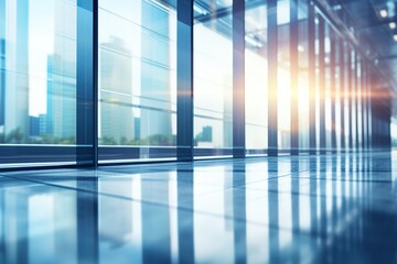 modern office building with reflection on the floor, blue-toned image.