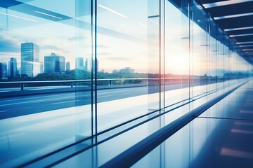 modern office building with reflection on the floor, blue-toned image.