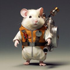 Hamster dressed up as ghostbuster type character. Created using ai generative. 