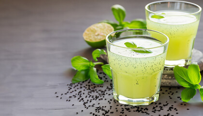 A glass of healthy drink with basil seeds tukmaria and lime juice. Healthy lifestyle. Copy space