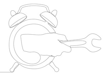 One continuous line of alarm clock with Wrench. Thin Line Illustration vector concept. Contour Drawing Creative ideas.