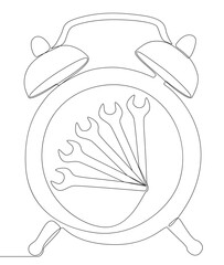 One continuous line of alarm clock with Wrench. Thin Line Illustration vector concept. Contour Drawing Creative ideas.