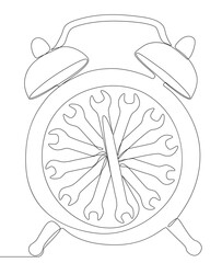 One continuous line of alarm clock with Wrench. Thin Line Illustration vector concept. Contour Drawing Creative ideas.