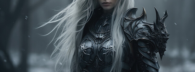 Obraz premium a woman from a fairy tale with white hair and fantasy armor. Generative AI