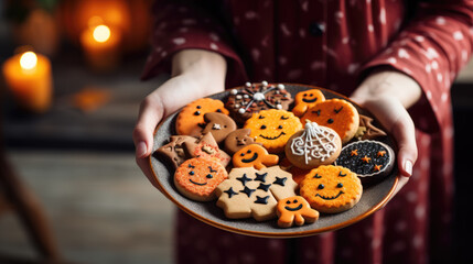 holding plate of halloween cookies