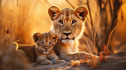 a lioness and her cub in the african savannah in the low sun. Generative AI - obrazy, fototapety, plakaty