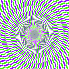 Radial optical illusion background. Purple and green abstract lines surface in circles. Poster, banner, template design. Spinning spiral illusion wallpaper. Vector opt art illustration 