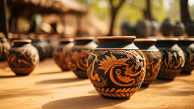 festive farted clay vases on a wooden background. Generative AI