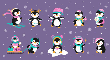 Funny xmas penguins, christmas holidays penguin wear hats and scarves. Cute winter animals, happy funny children nowaday vector characters © MicroOne