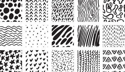Crayon drawing textures, hand drawn ink grunge seamless pattern kit. Doodle sketch scribble and dots fabric prints, neoteric abstract vector set