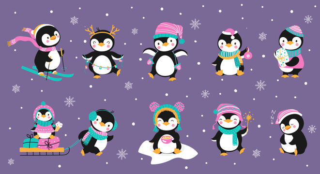 Funny xmas penguins, christmas holidays penguin wear hats and scarves. Cute winter animals, happy funny children nowaday vector characters