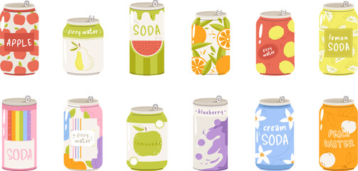 Drinks in cans, different soda beverage can. Juicy limonade packaging design, fizzy soft refreshing juice. Summer party, cartoon snugly vector clipart